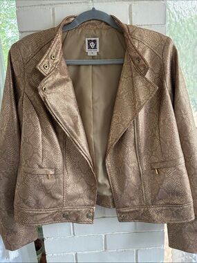 Anne Klein Metallic Bronze Textured Leather Moto Jacket